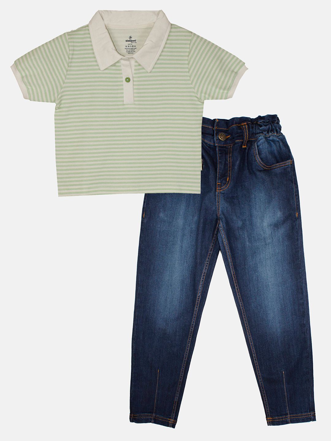 KiddoPanti Girls Striped Polo Collar Pure Cotton T-shirt with Trousers