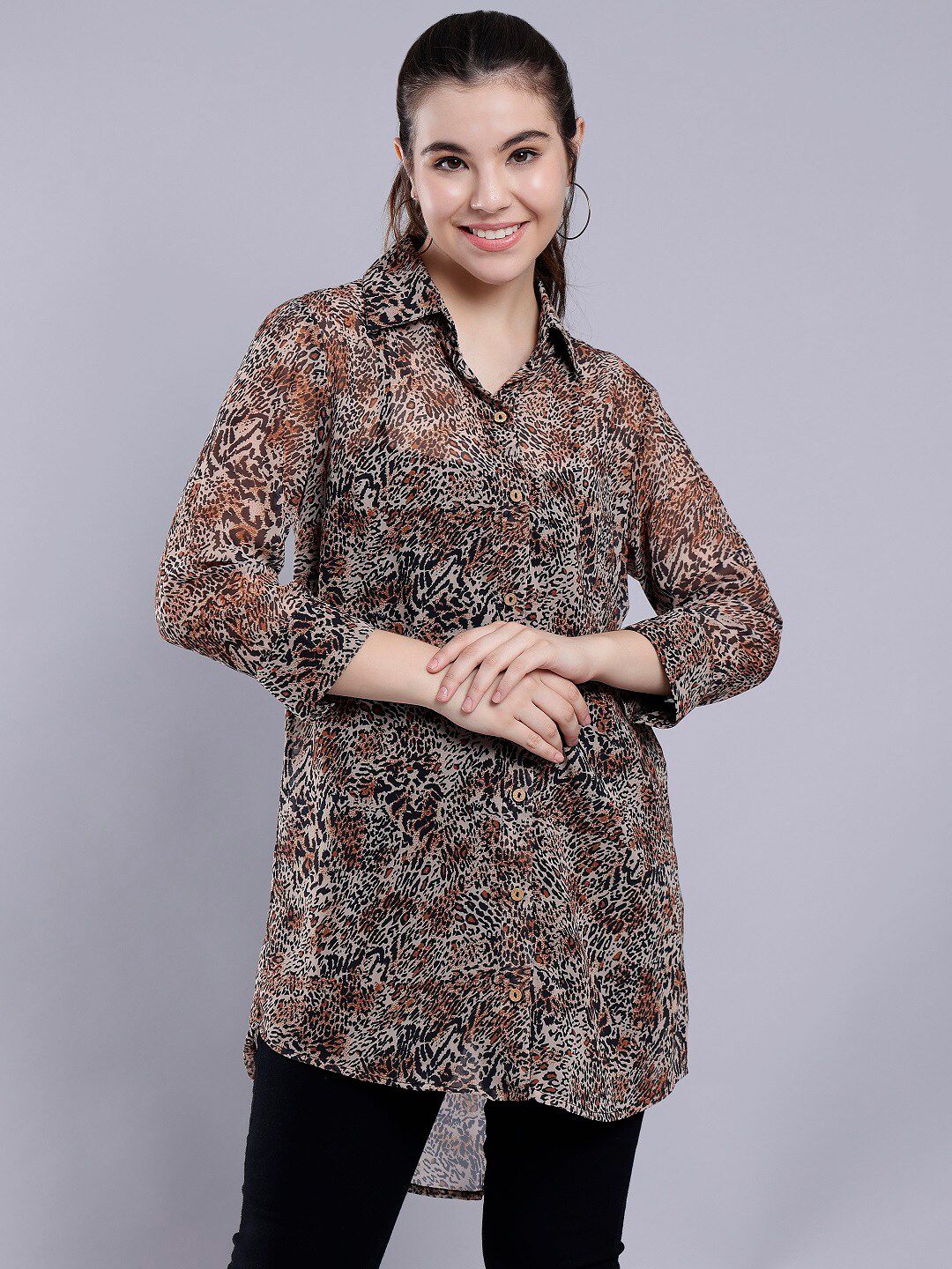 ANVI Be Yourself Women Brown Smart Tailored Fit Animal Semi Sheer Printed Casual Shirt Price in India
