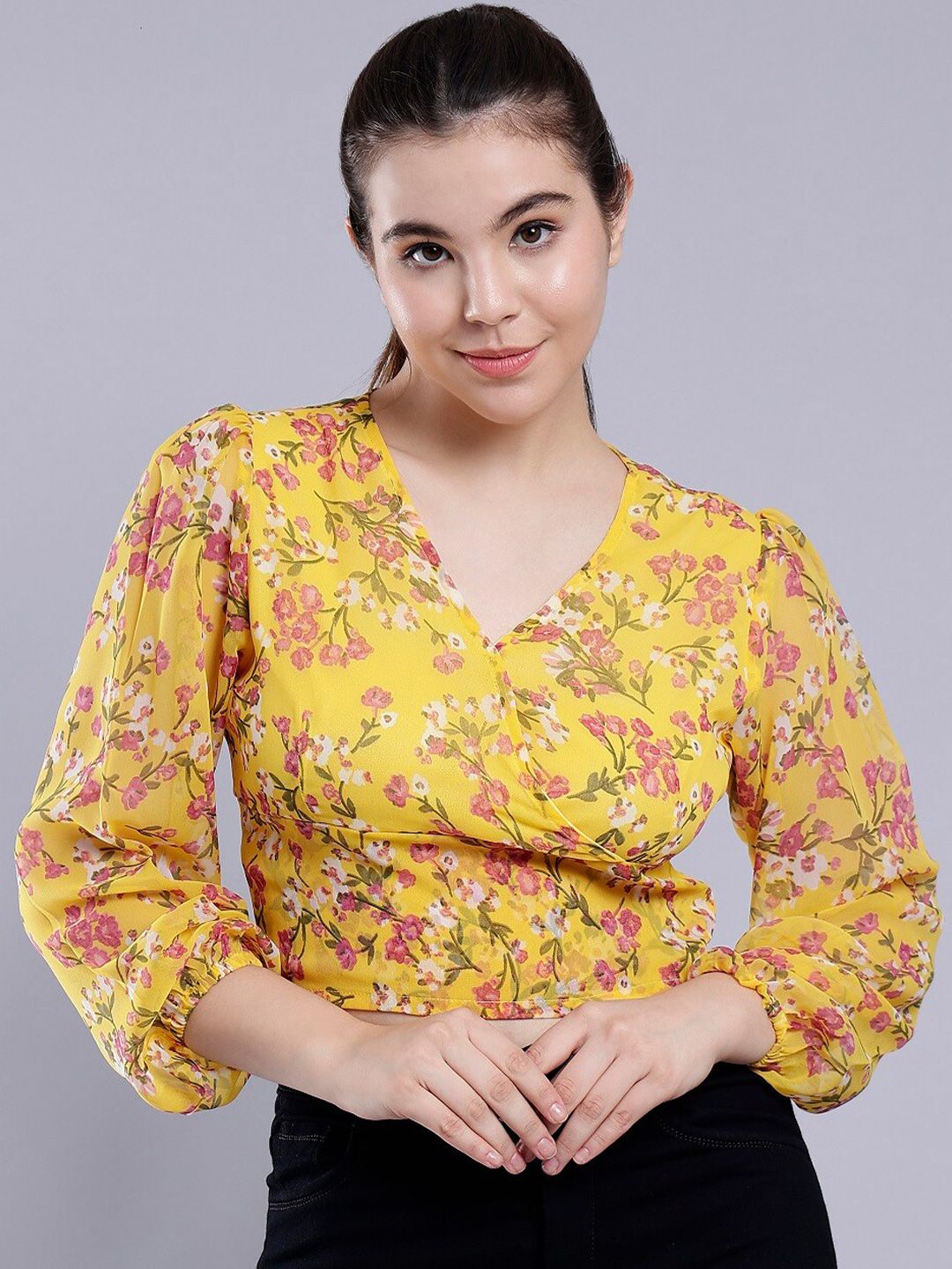 ANVI Be Yourself Yellow Floral Printed V-Neck Puff Sleeves Smocked Wrap Crop Top Price in India