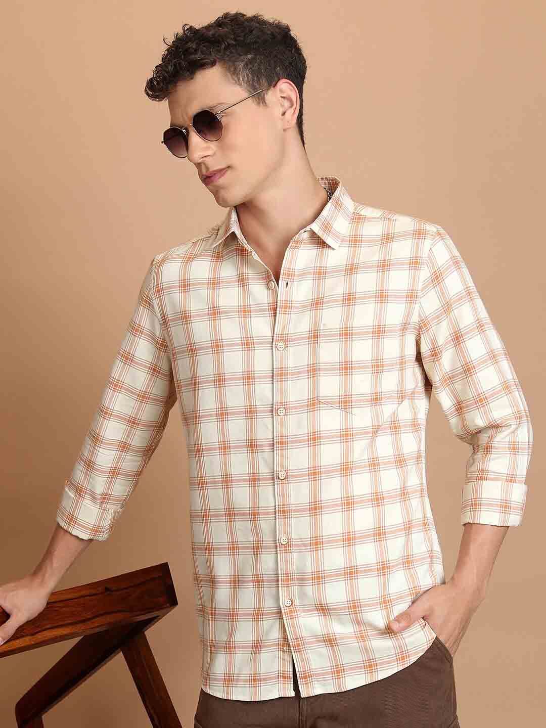 HIGHLANDER Beige Slim Fit Tartan Checks Cotton Casual Shirt