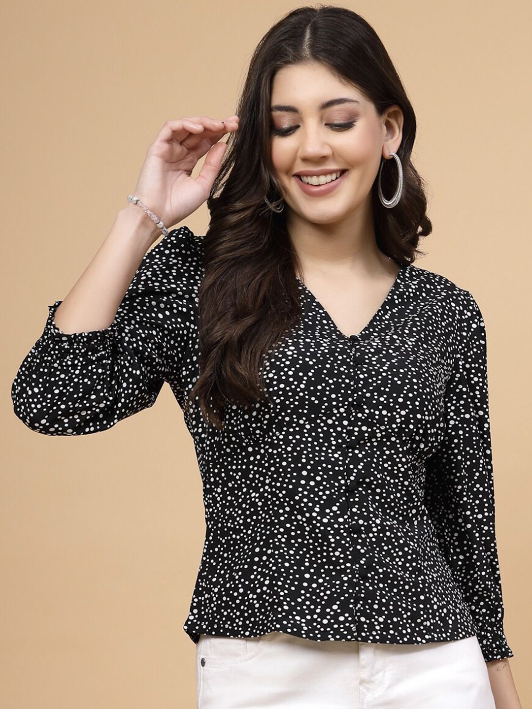 RAASSIO Polka Dot Printed V-Neck Pleated Crepe Shirt Style Top Price in India