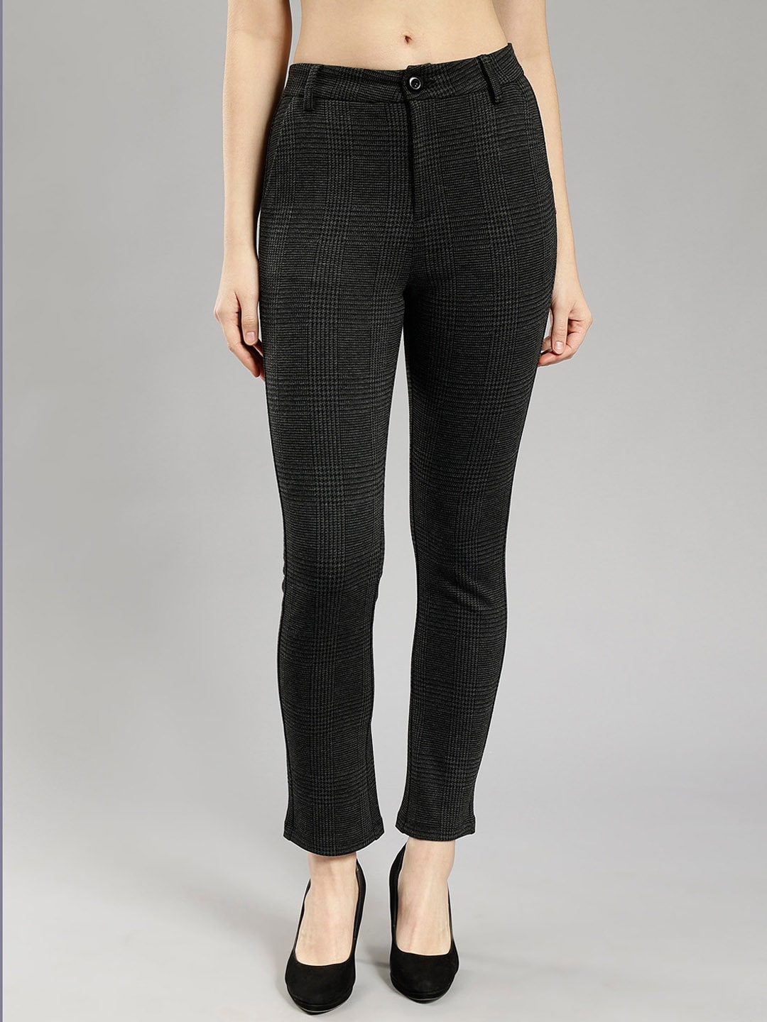 Mast & Harbour Women Black Checked Zip Trousers Price in India