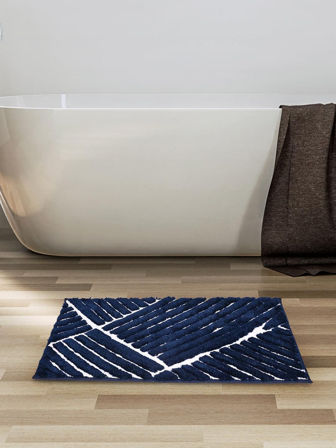 Athome by Nilkamal Navy Blue & White Abstract 600 GSM Anti Skid Bath Mat