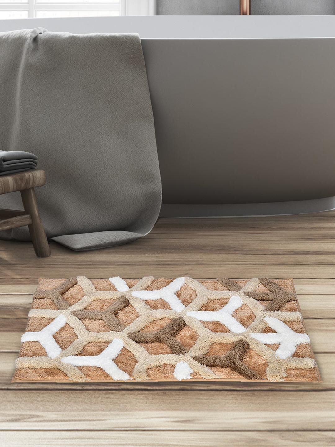 Athome by Nilkamal Ariana Beige & White Abstract Anti Skid Bath Mat