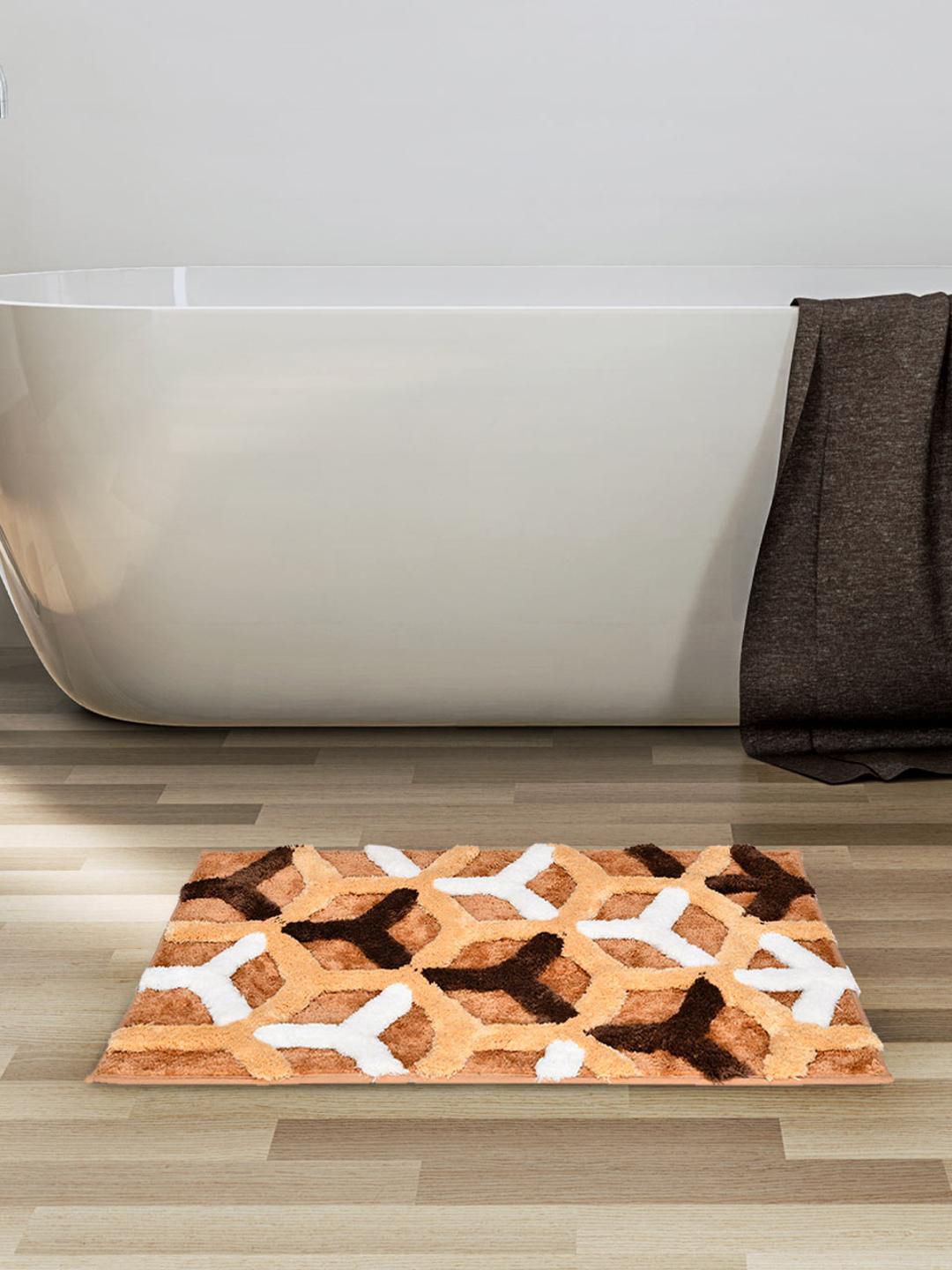 Athome by Nilkamal Brown & White Ariana Abstract 600 GSM Anti Skid Bath Mat