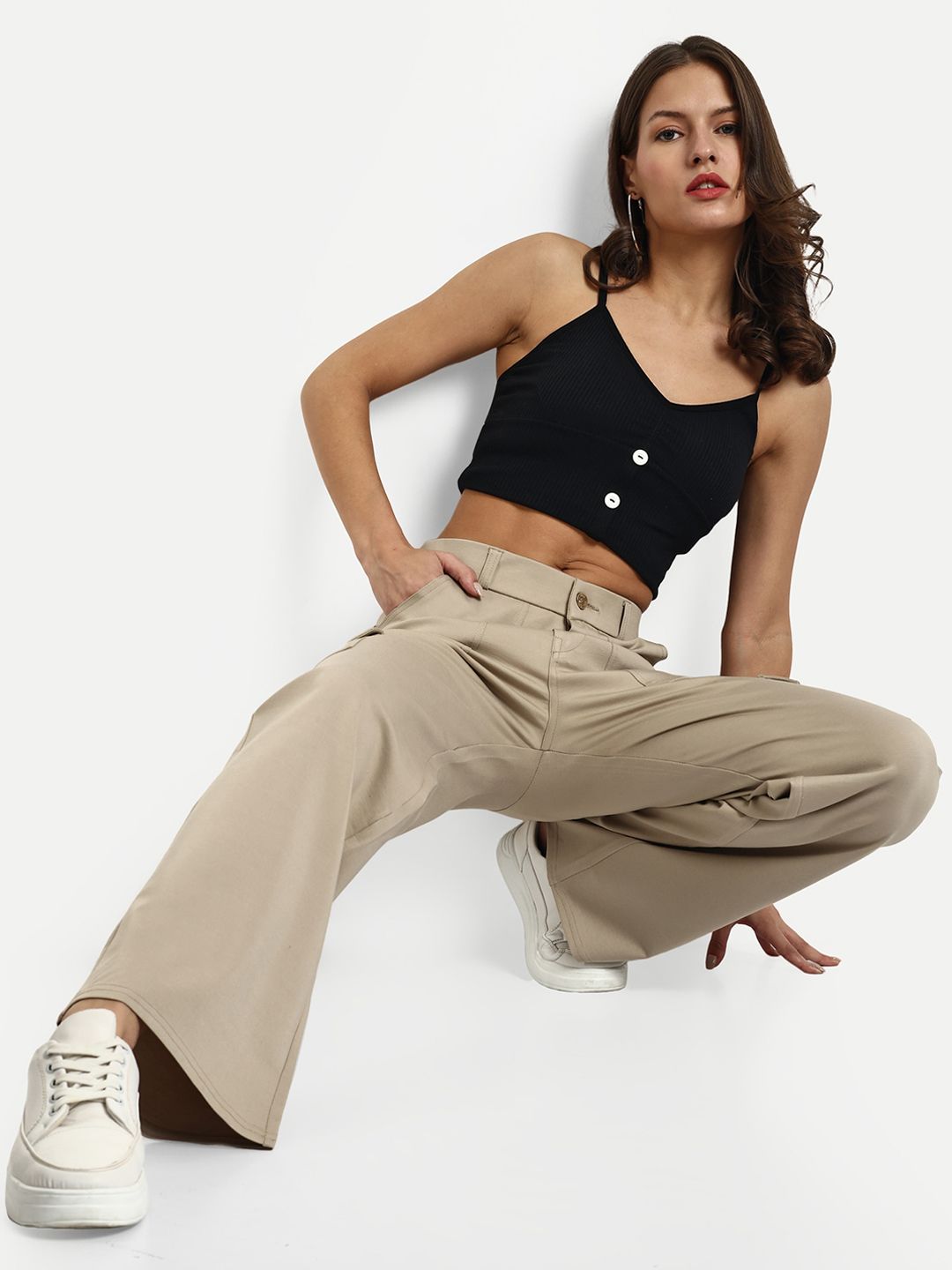 Next One Women Beige Smart Straight Fit High-Rise Easy Wash Cargos Trousers