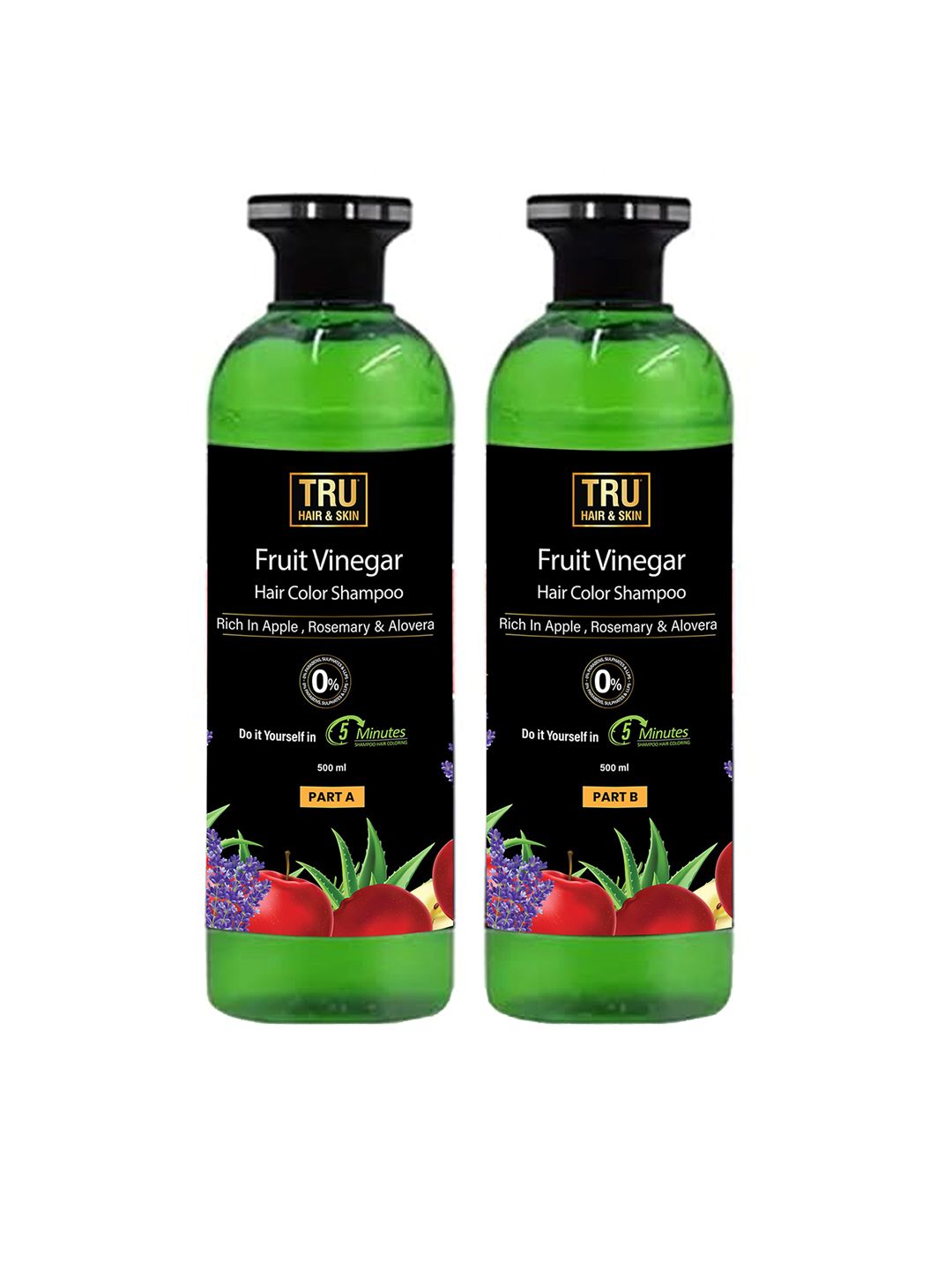 TRU HAIR & SKIN Set Of 2 Fruit Vinegar Hair Color Shampoo Part A & B - 500ml Each