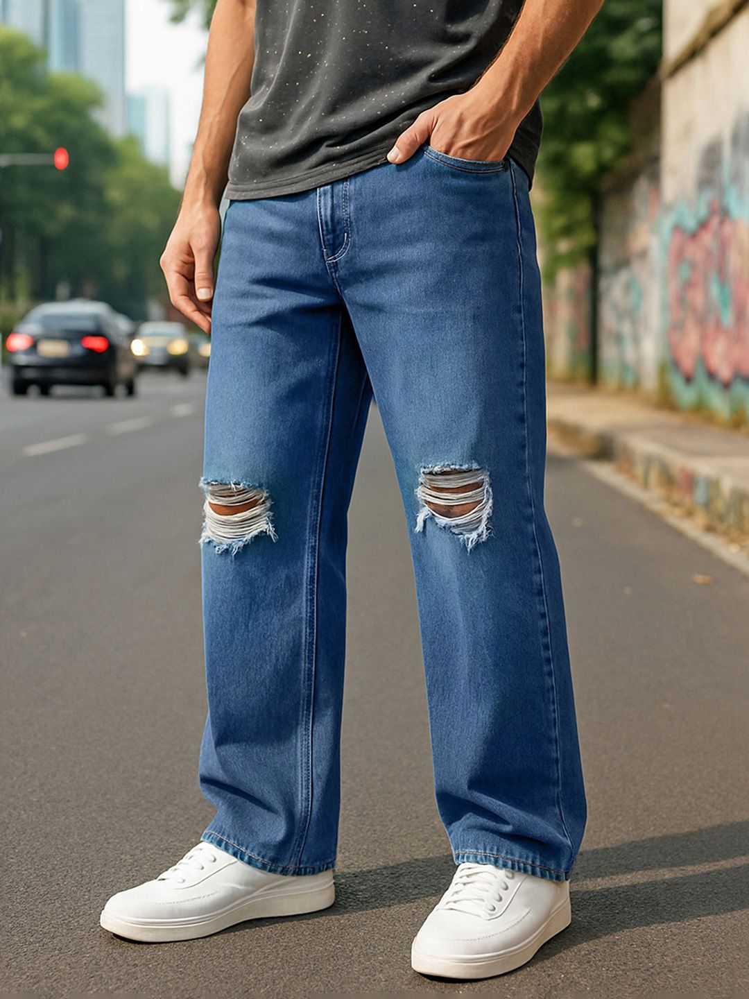 Bewakoof Men Blue Mid-Rise Mildly Distressed Pure Cotton Straight Fit Jeans