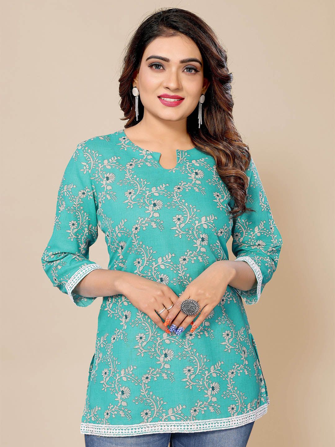 Krimmple Olive Green & Green Floral Print Cotton Top Price in India