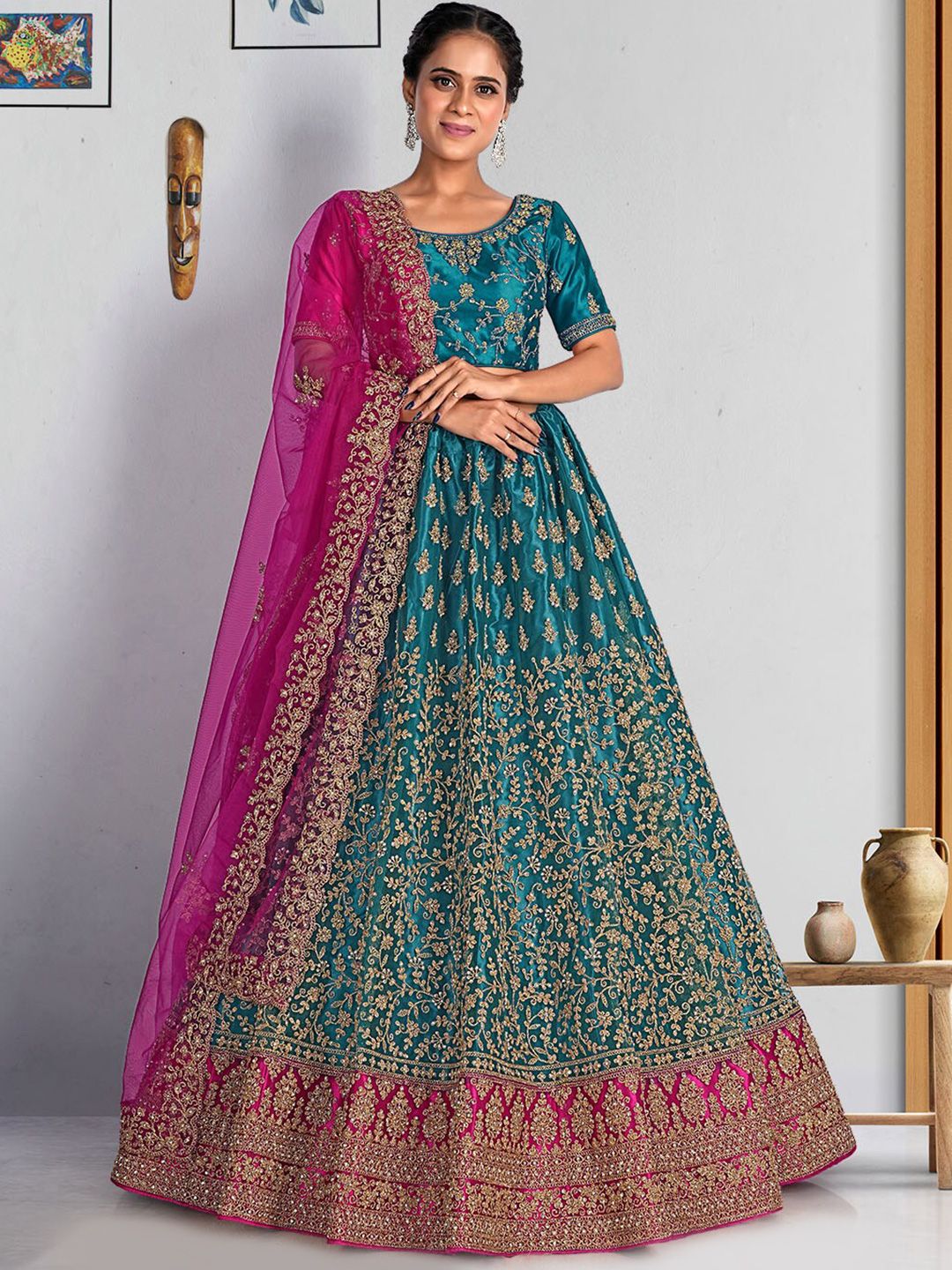 HALFSAREE STUDIO Blue & Embroidered Semi-Stitched Lehenga & Unstitched Blouse With Dupatta