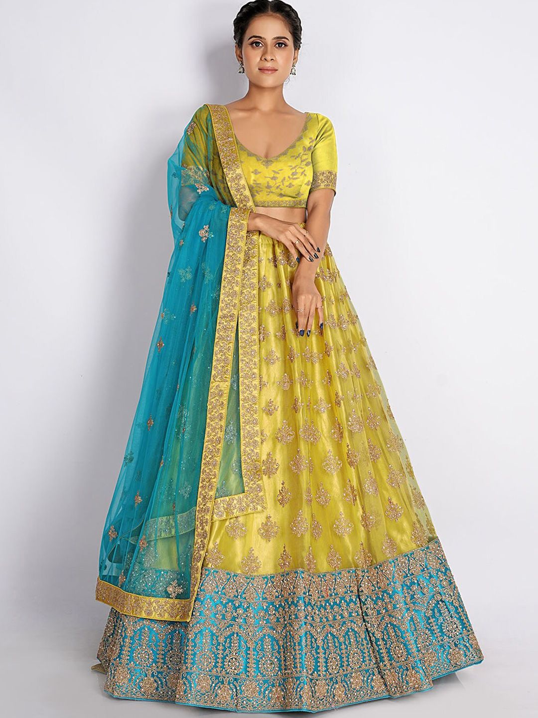 HALFSAREE STUDIO Yellow & Embroidered Semi-Stitched Lehenga & Unstitched Blouse With Dupatta Price in India