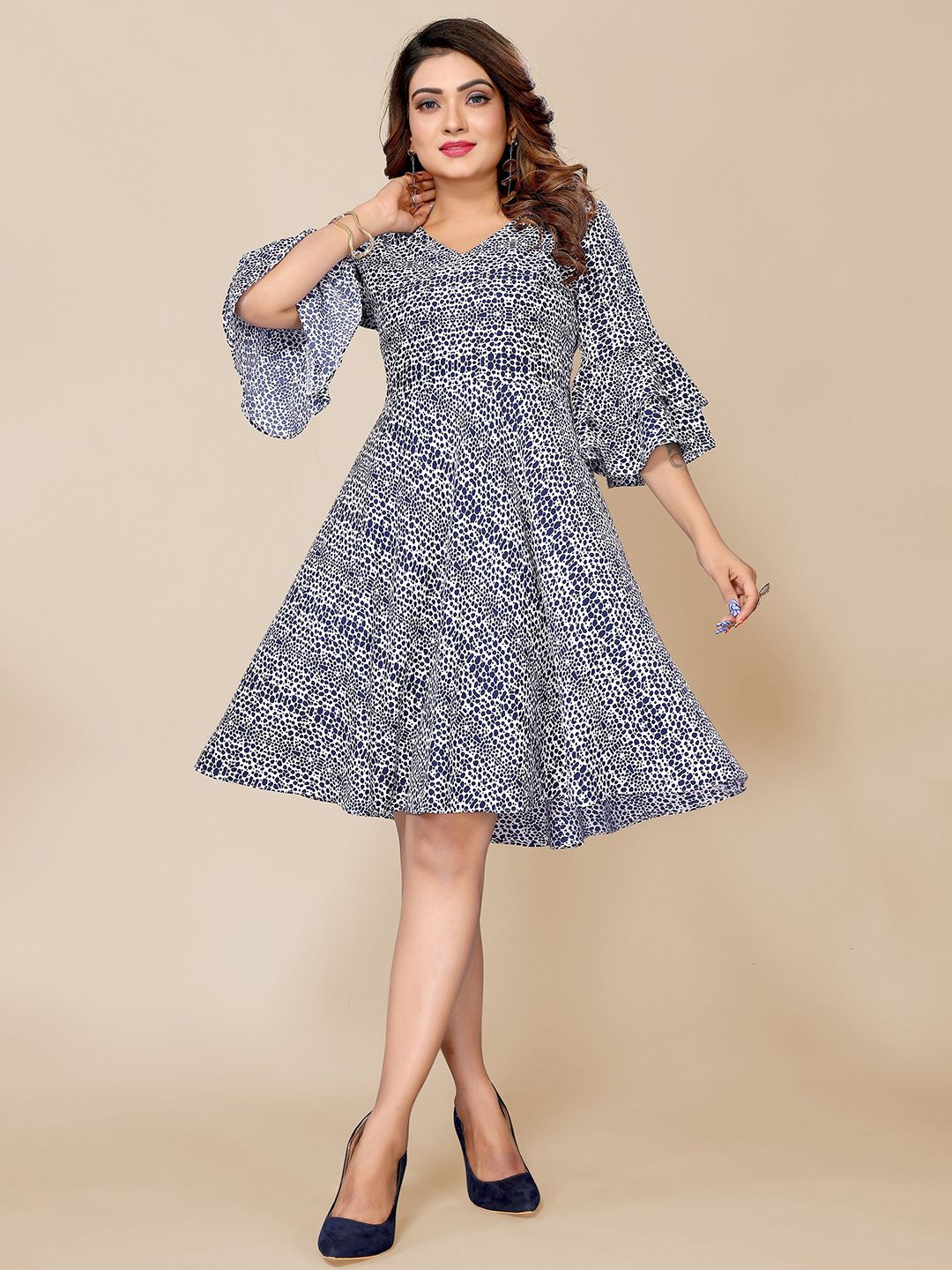 Krimmple Abstract Printed V-Neck Bell Sleeves Fit & Flare Midi Dress Price in India