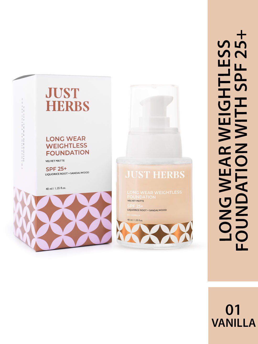Just Herbs Longwear Weightless Velvet Matte Foundation With SPF 25+  - 40ml - Vanilla 01