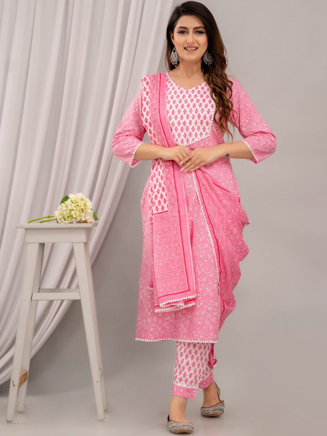 FrionKandy Women Pink Floral Printed Regular Sequinned Pure Cotton Kurta with Trousers & With Dupatta Price in India