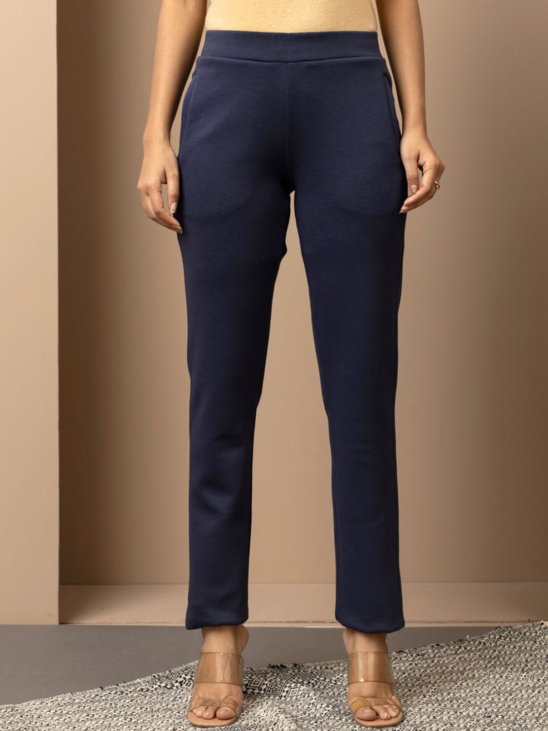 Lakshita Women Navy Blue Smart Straight Fit Trousers Price in India