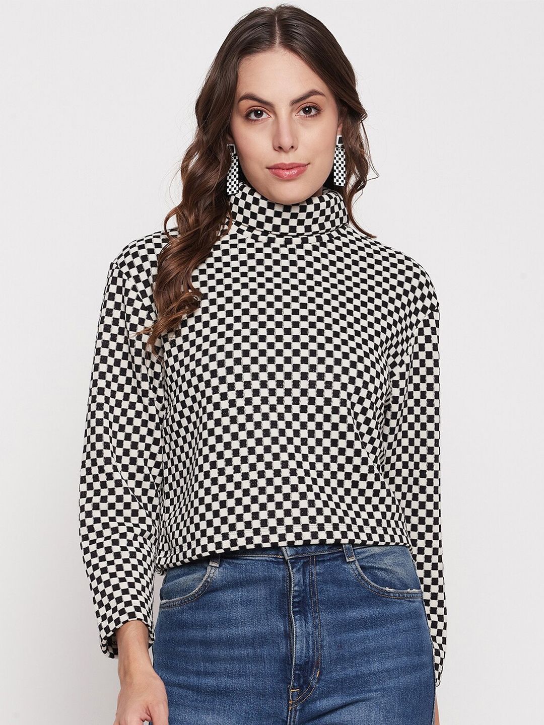 Madame Checked Print Turtle Neck Drop-Shoulder Sleeves Boxy Top Price in India