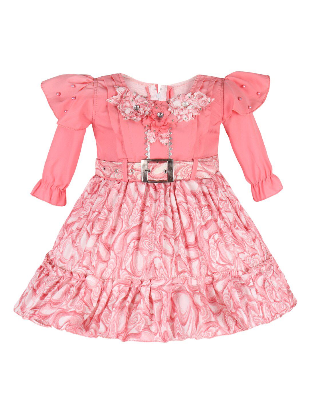 Wish Karo Girls Abstract Printed Ruffled Satin Fit & Flare Dress