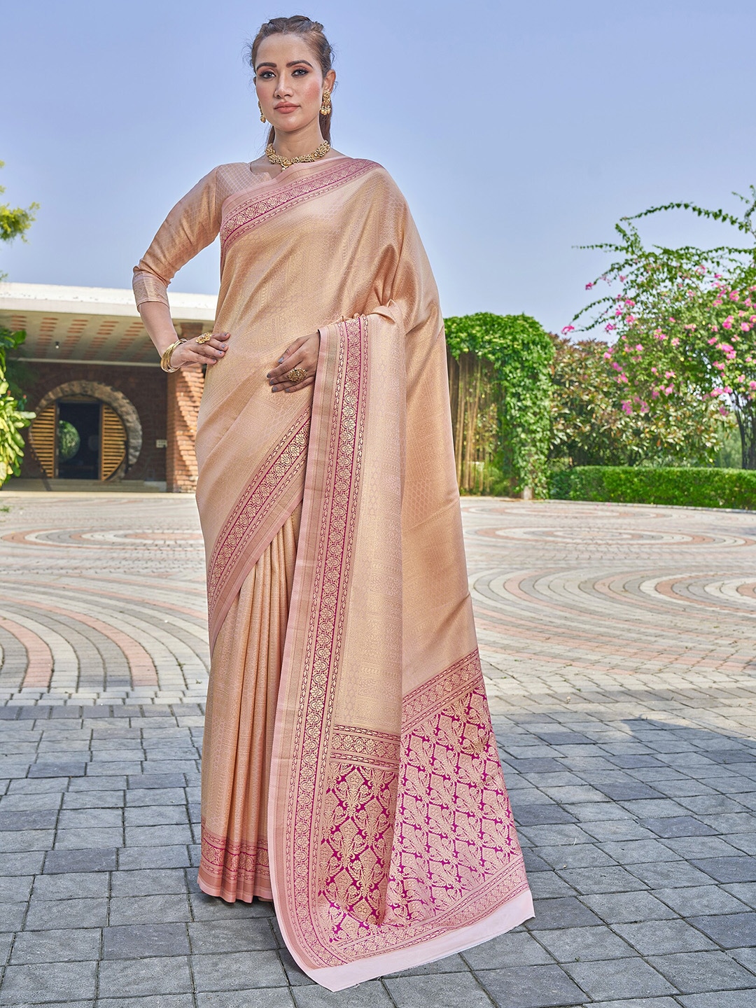 Ariya Prints Pink & Pink Ethnic Motifs Zardozi Silk Blend Designer Banarasi Saree Price in India