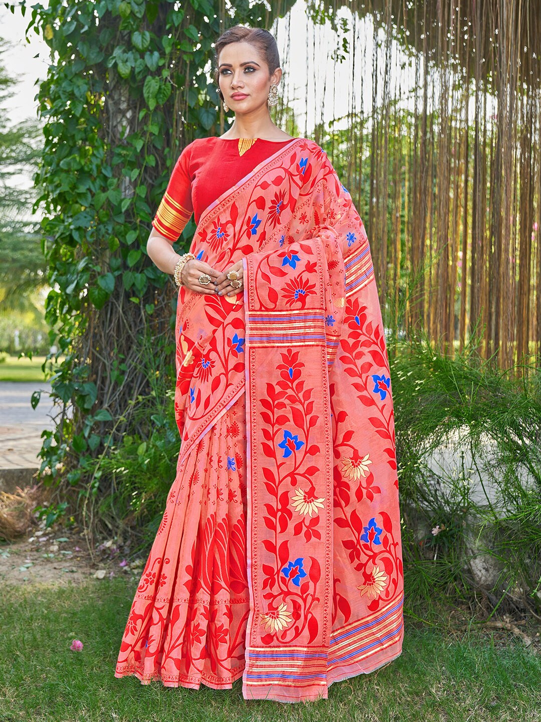 Ariya Prints Peach-Coloured & Peach-Coloured Floral Zari Silk Cotton Heavy Work Jamdani Saree Price in India