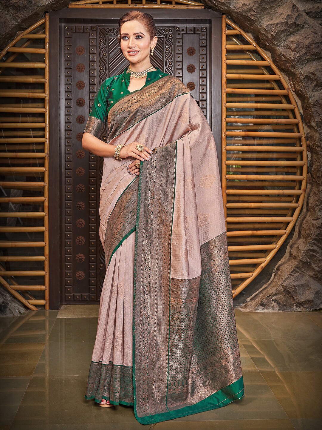 Ariya Prints Cream-Coloured & Cream-Coloured Kalamkari Zari Silk Blend Heavy Work Kanjeevaram Saree Price in India