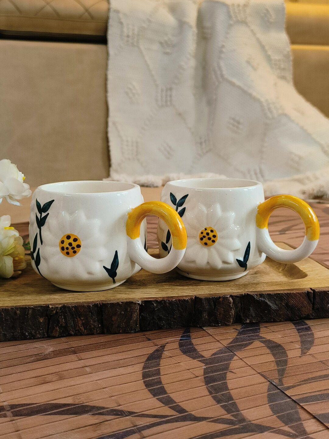 NIYARA Stag White Floral Ceramic Microwave Safe 2 Piece Cups-400ml