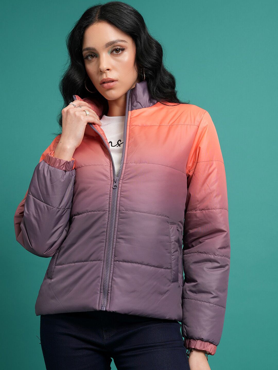 Buy Tokyo Talkies Blue Colourblocked Mock Collar Puffer Jacket