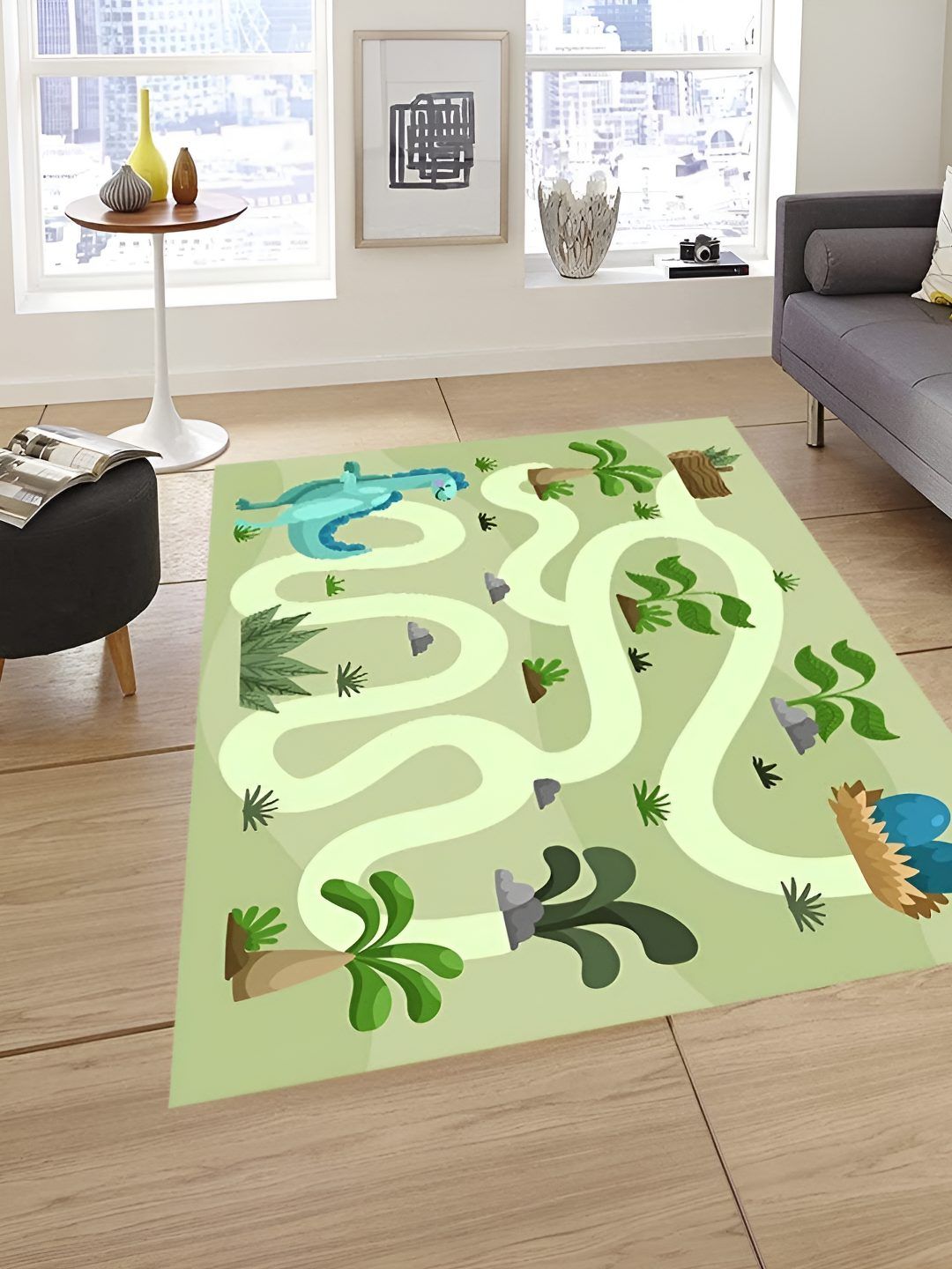 Sparrow world Green Printed Anti-Skid Carpet