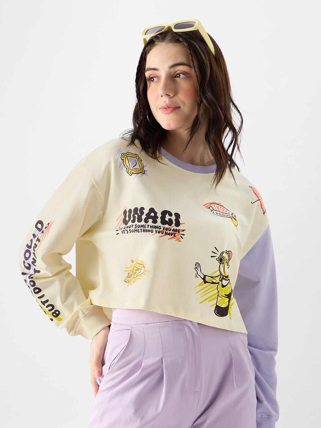 The Souled Store Friends Printed Drop Shoulder Sleeves Pure Cotton Boxy Crop Top Price in India