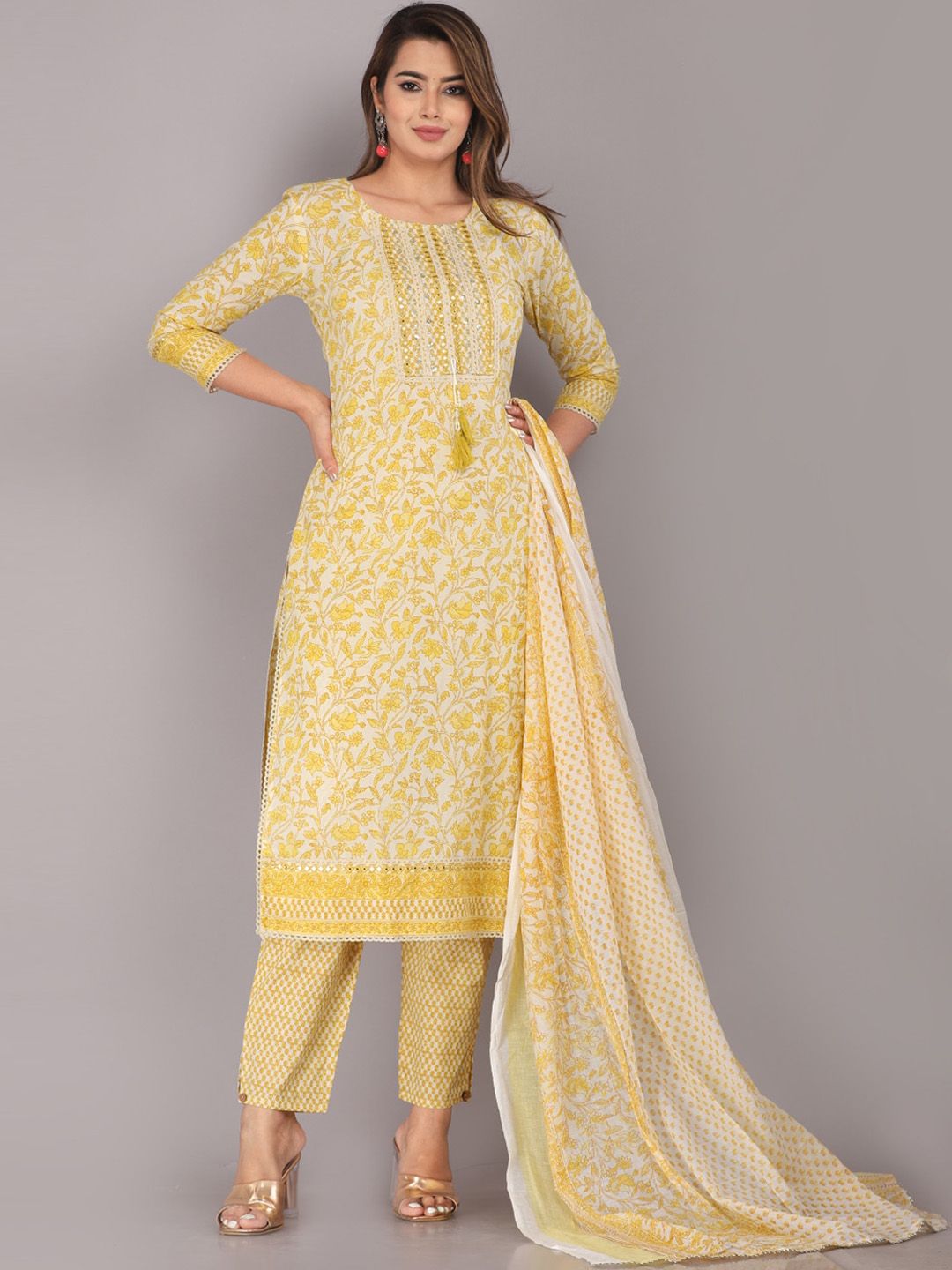 KALINI Women Yellow Pure Cotton Kurta with Trousers & With Dupatta Price in India