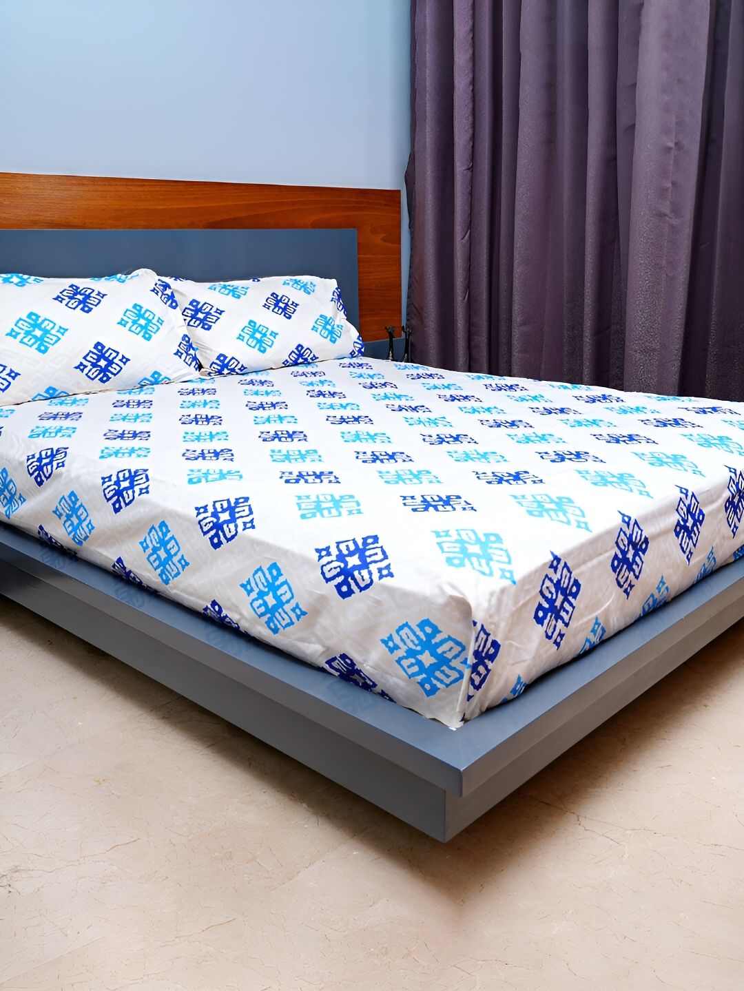 inizio Cream Ethnic Motifs Cotton 220 TC Queen Fine Bedsheet with 2 Pillow Covers-100 x 90 inches
