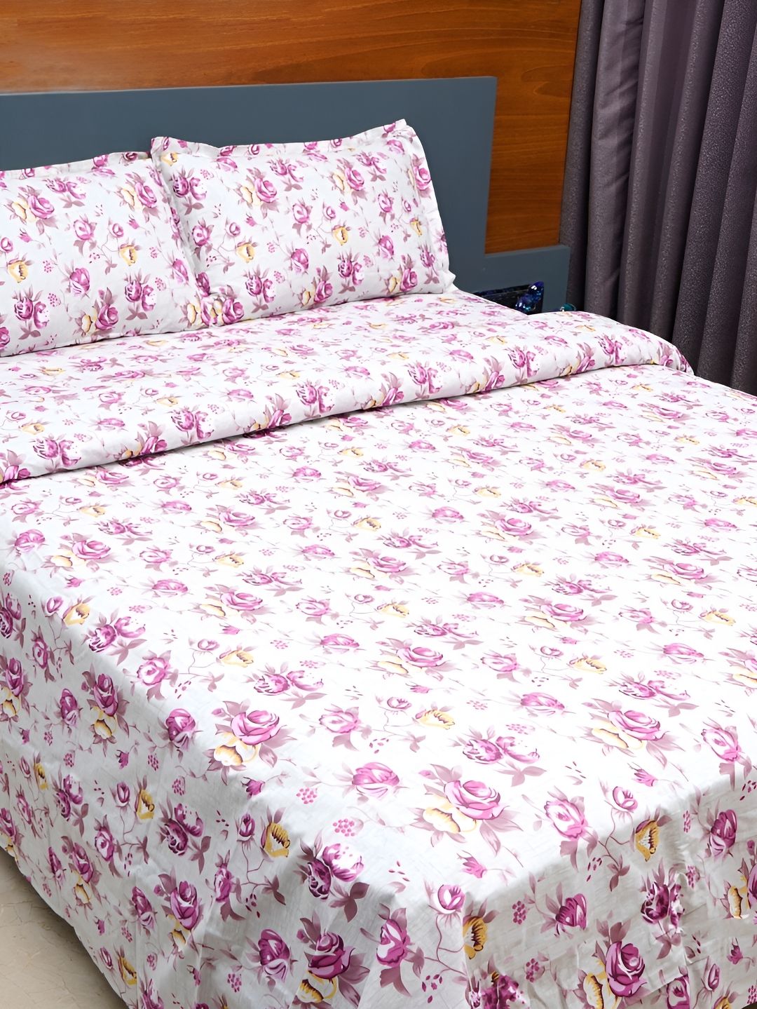 inizio White Floral Cotton 220 TC Queen Fine Bedsheet with 2 Pillow Covers-100 x 90 inches