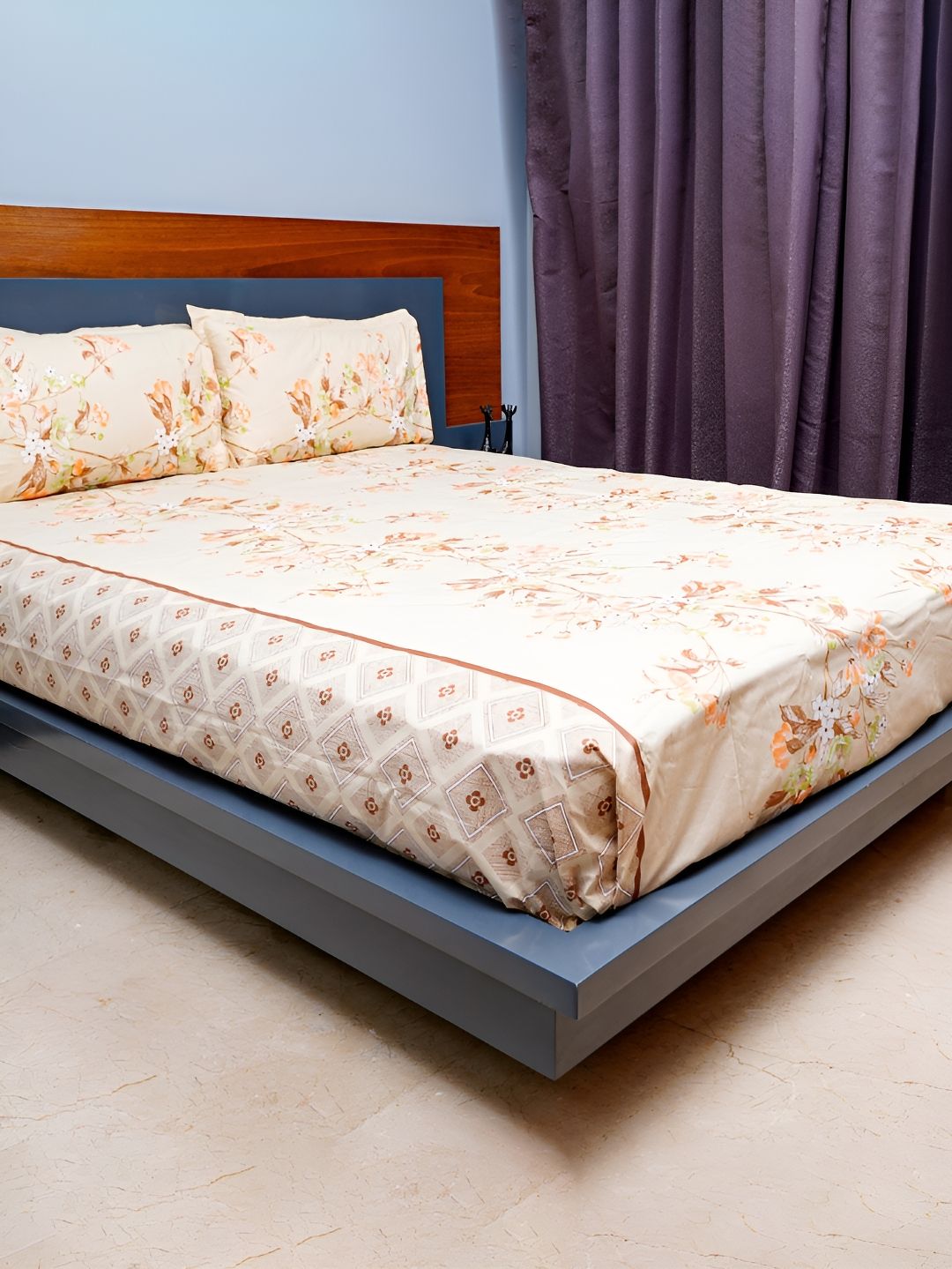 inizio Beige Floral Cotton 220 TC Queen Fine Bedsheet with 2 Pillow Covers-100 x 90 inches