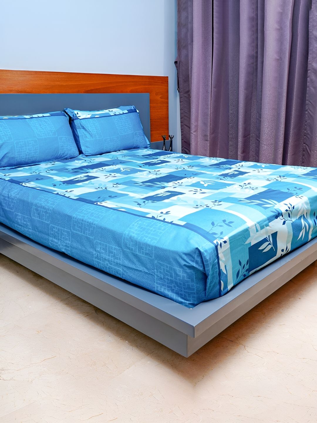 inizio Blue Floral Cotton 220 TC Queen Bedsheet with 2 Pillow Covers-100 x 90 inches