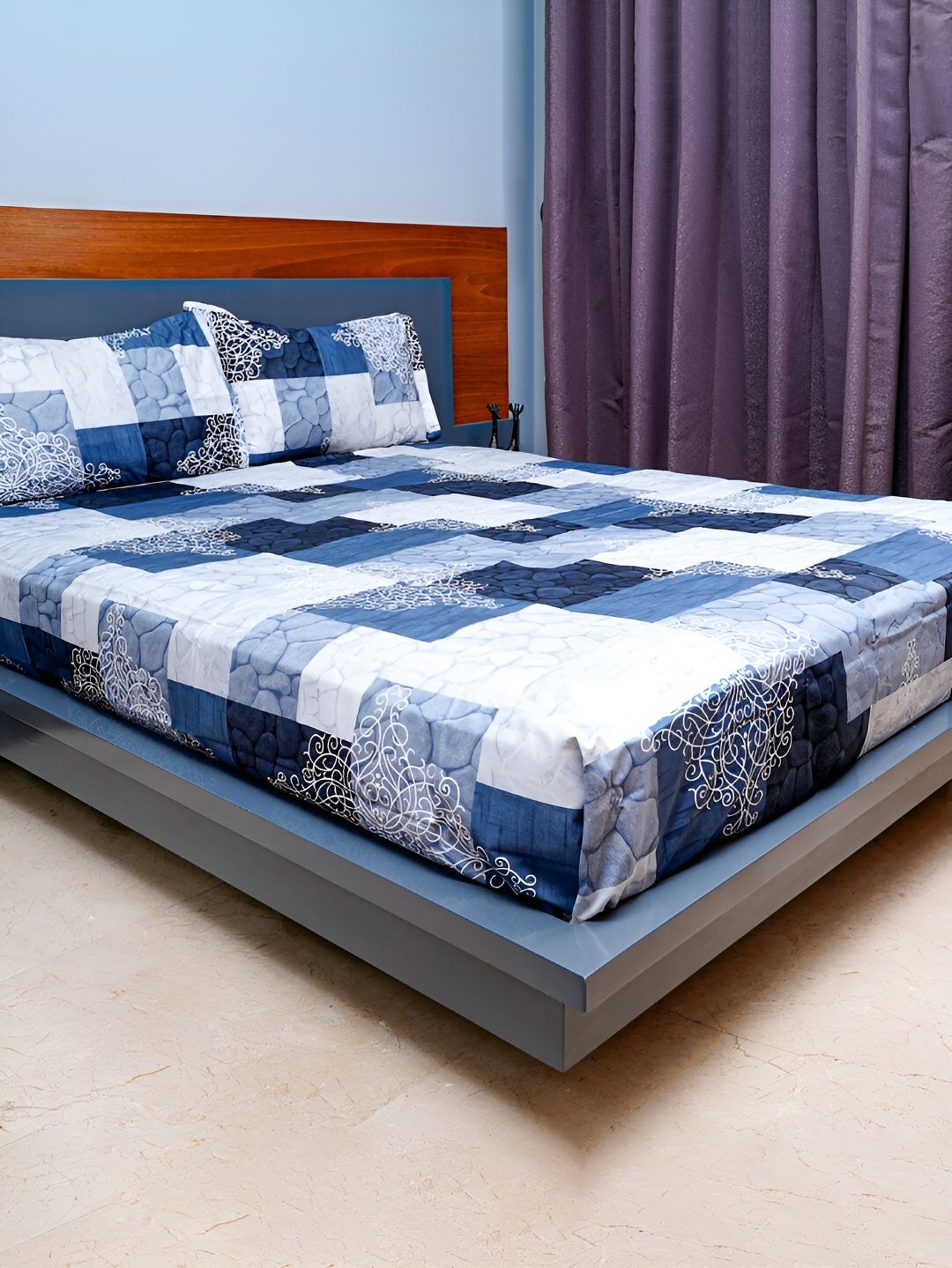 inizio Grey Ethnic Motifs Cotton 220 TC Queen Bedsheet with 2 Pillow Covers-100 x 90 inches