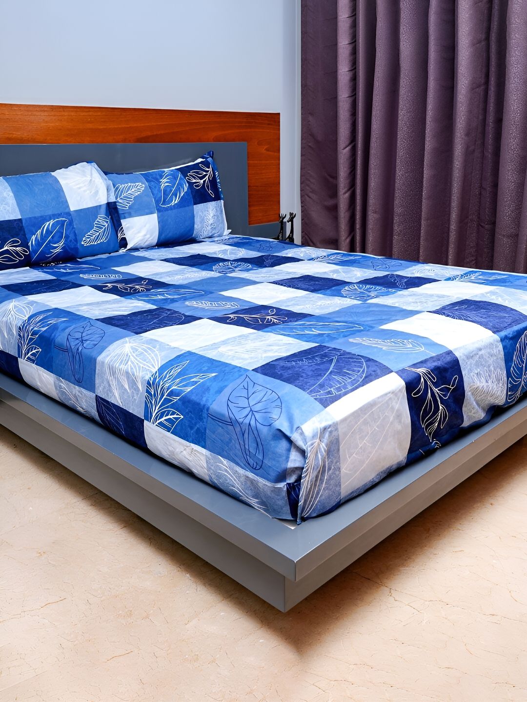 inizio Blue Leaf Cotton 220 TC Queen Bedsheet with 2 Pillow Covers-100 x 90 inches