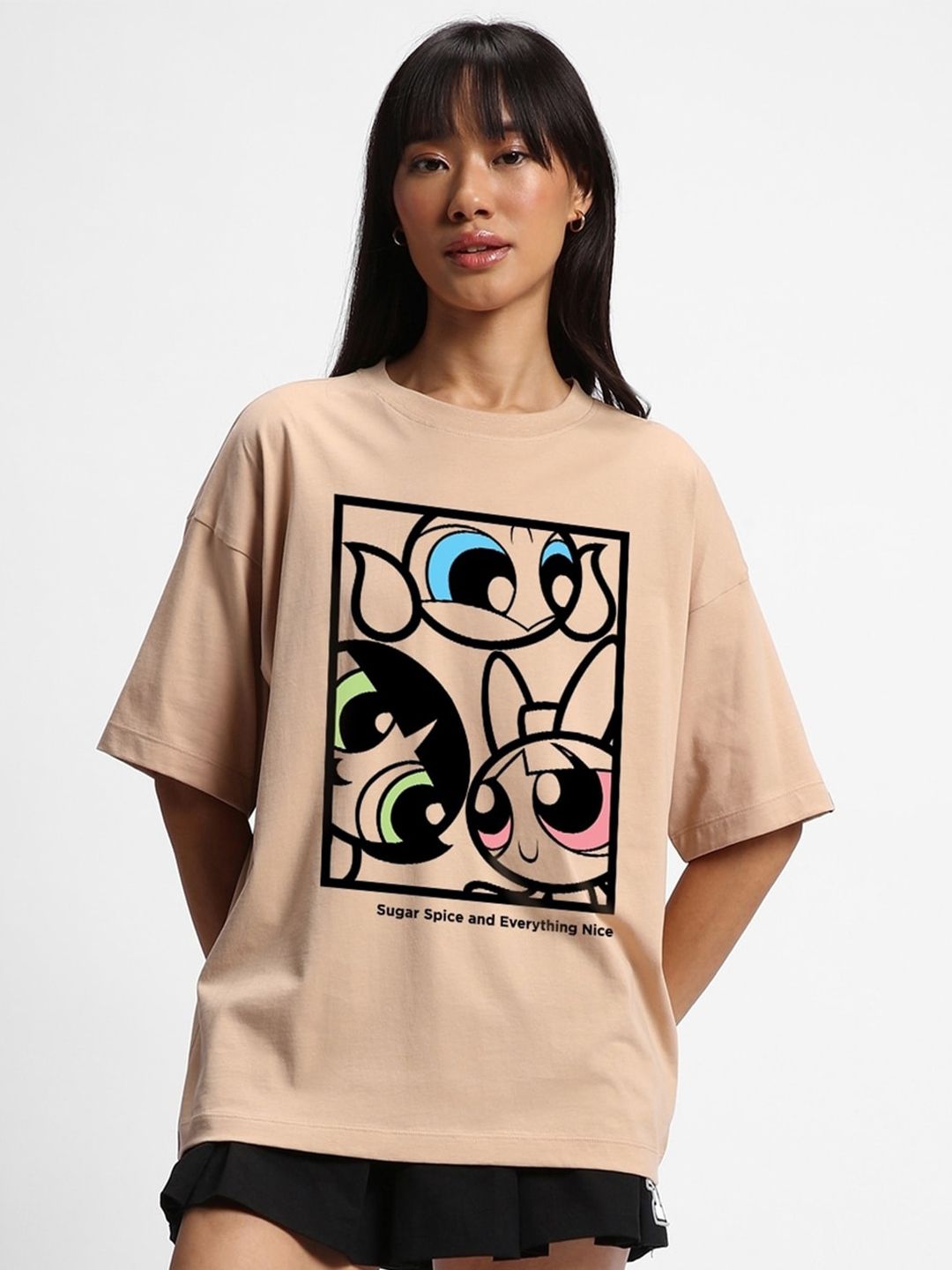 Bewakoof Brown Powerpuff Girls Printed Round Neck Short Sleeves Cotton Oversized T-shirt Price in India