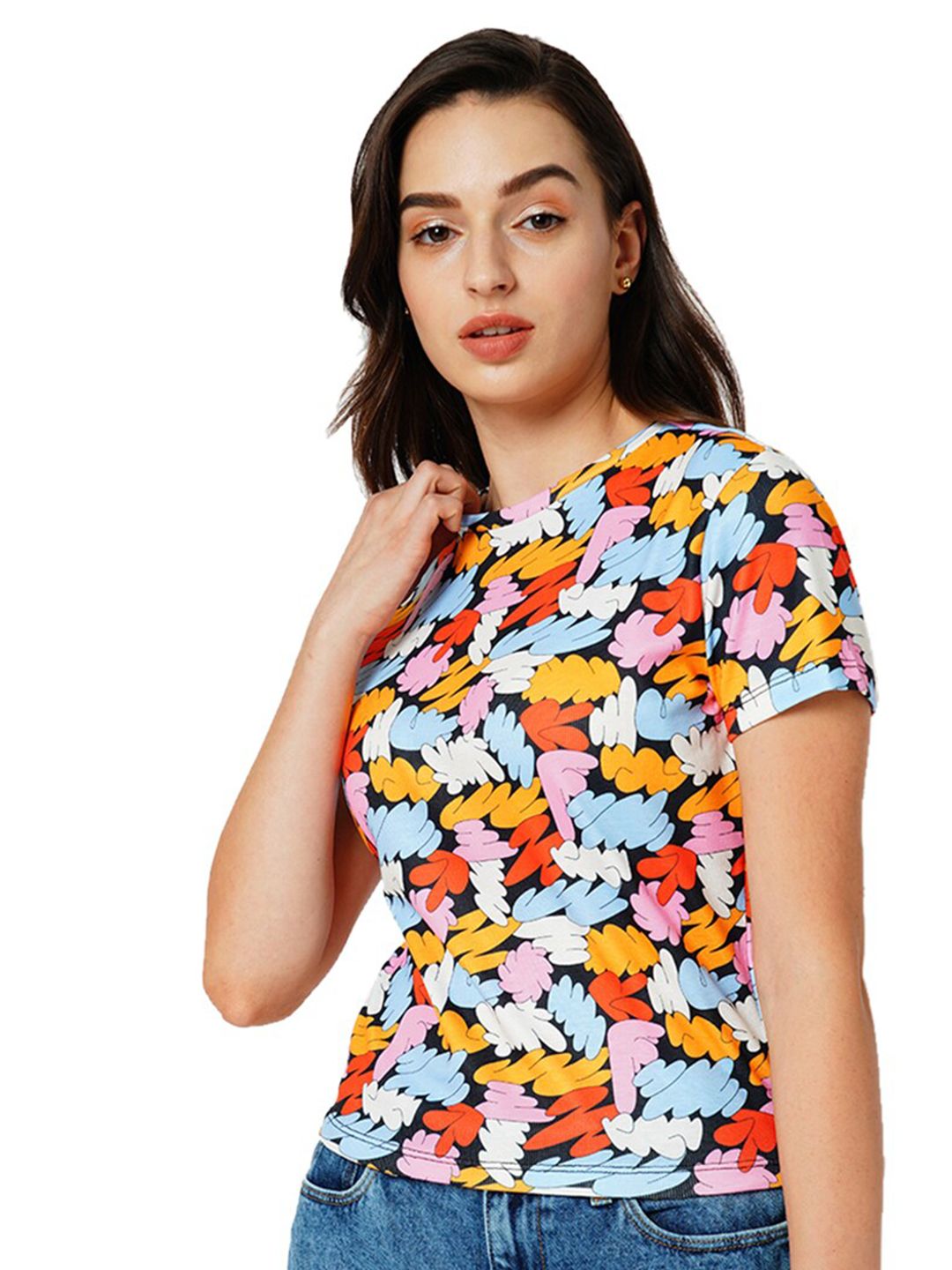 ONLY Abstract Printed Round Neck T-shirt Price in India