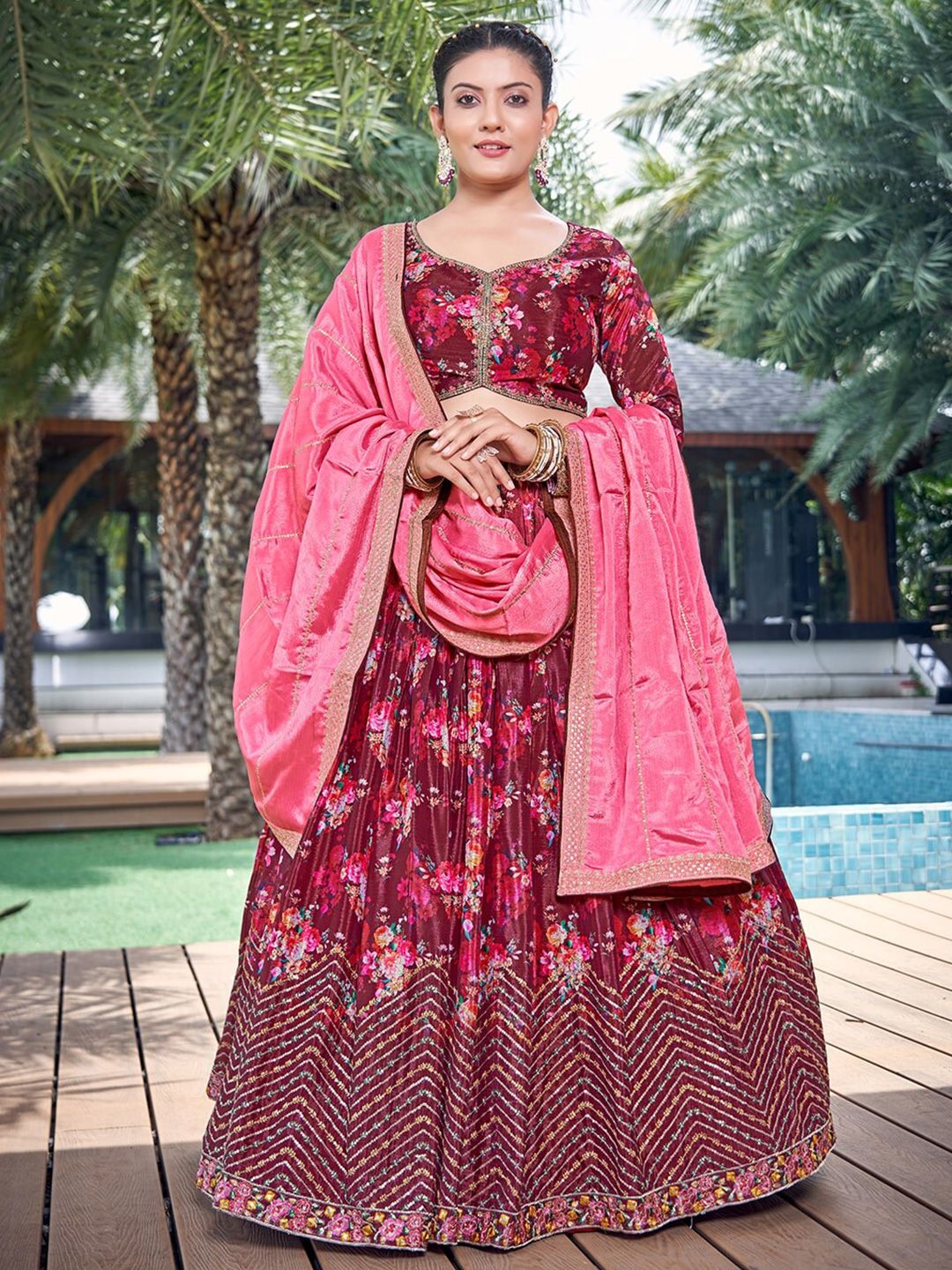 CHANSI Coffee Brown Embroidered Thread Work Ready to Wear Lehenga & Blouse With Dupatta Price in India