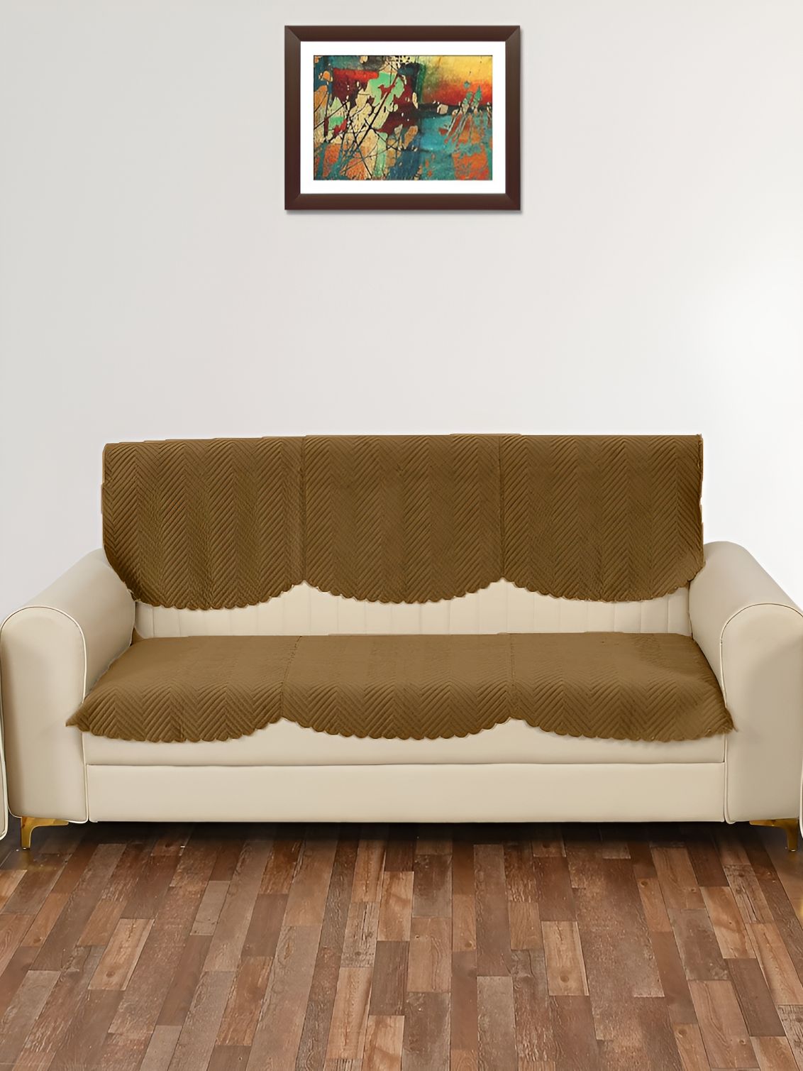 Sparrow world Gold Chevron Velvet Quilted 2PC Straight 3 Seater Sofa Cover-27x69In