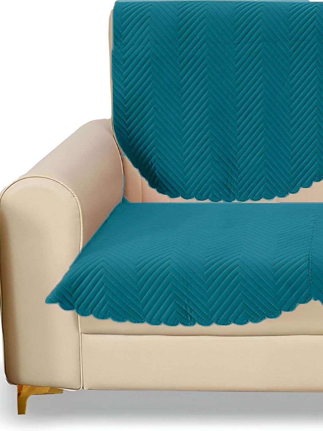 Sparrow world Teal Chevron Velvet Quilted 2PC Straight 2 Seater Sofa Cover-46x27In