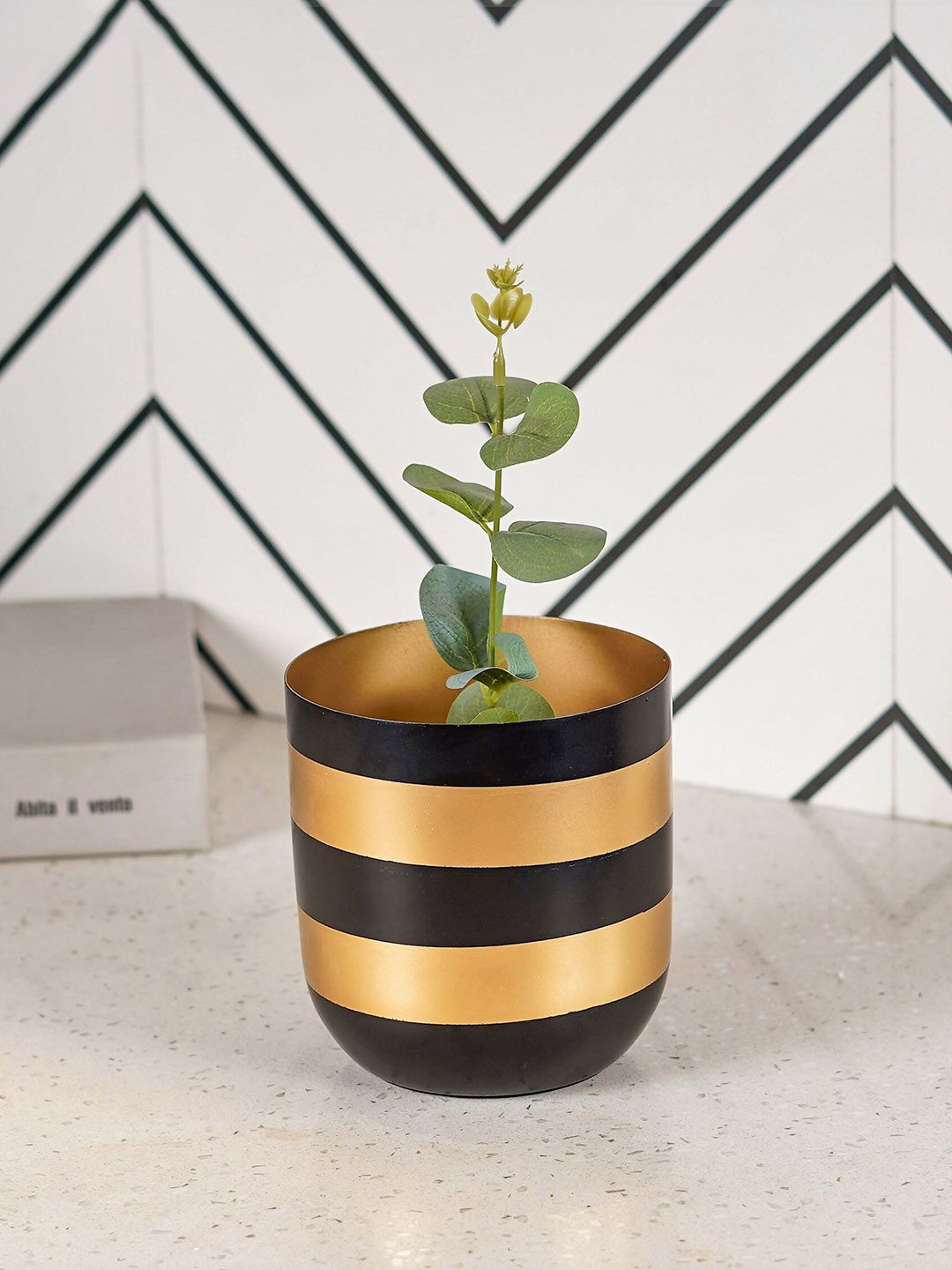 THE ARTMENT Black Gold Toned Striped Printed Metal Planter