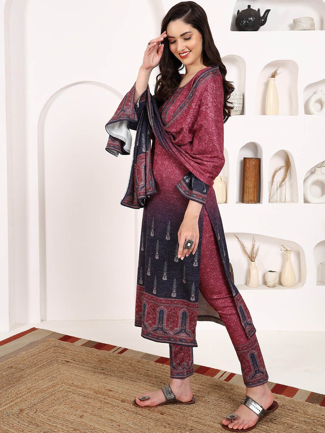 KALINI Woven Design Pure Wool Kurta With Trousers & Dupatta Price in India