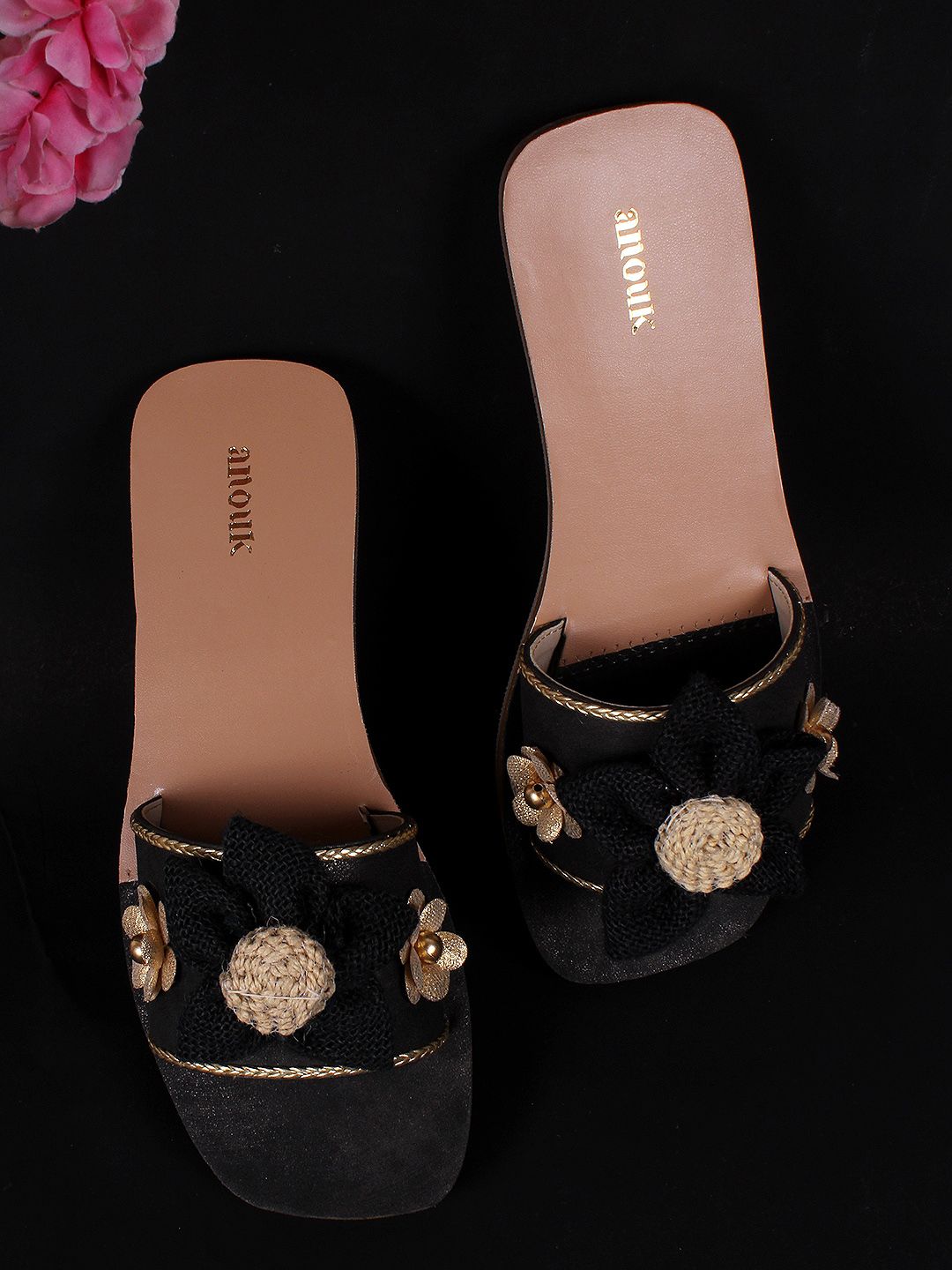 Anouk Black & Gold-Toned Embellished Open Toe Flats Price in India