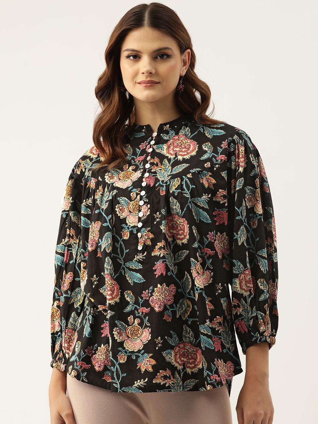 Jaipur Morni Floral Print Mandarin Collar Puff Sleeves Pure Cotton Top