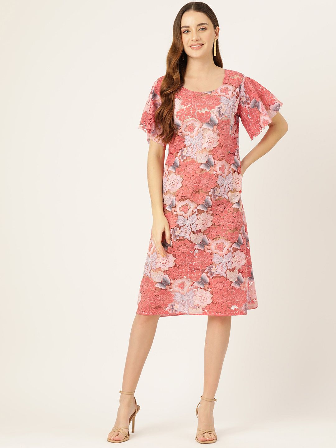 Simaaya Pink Floral Flared Sleeve A-Line Dress Price in India