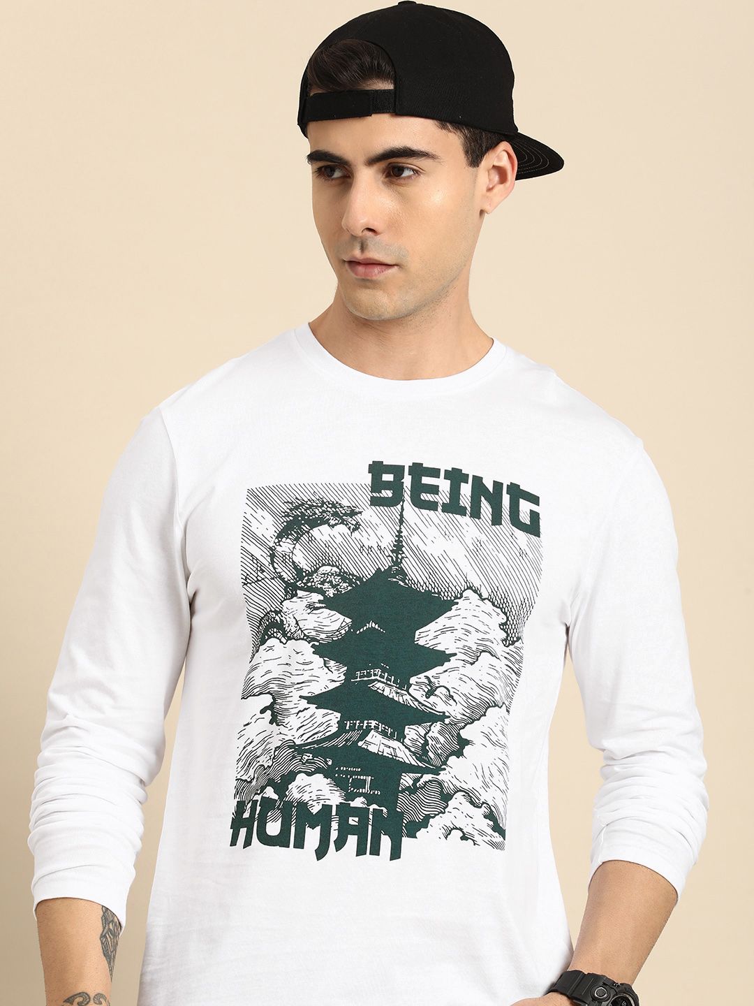 Being Human Men Brand Logo Printed Pure Cotton T-shirt