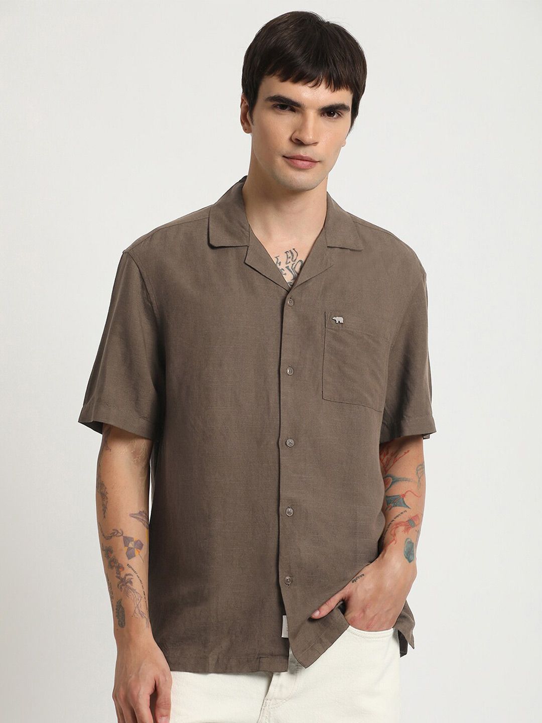 THE BEAR HOUSE Cuban Collar Cotton Linen Casual Shirt