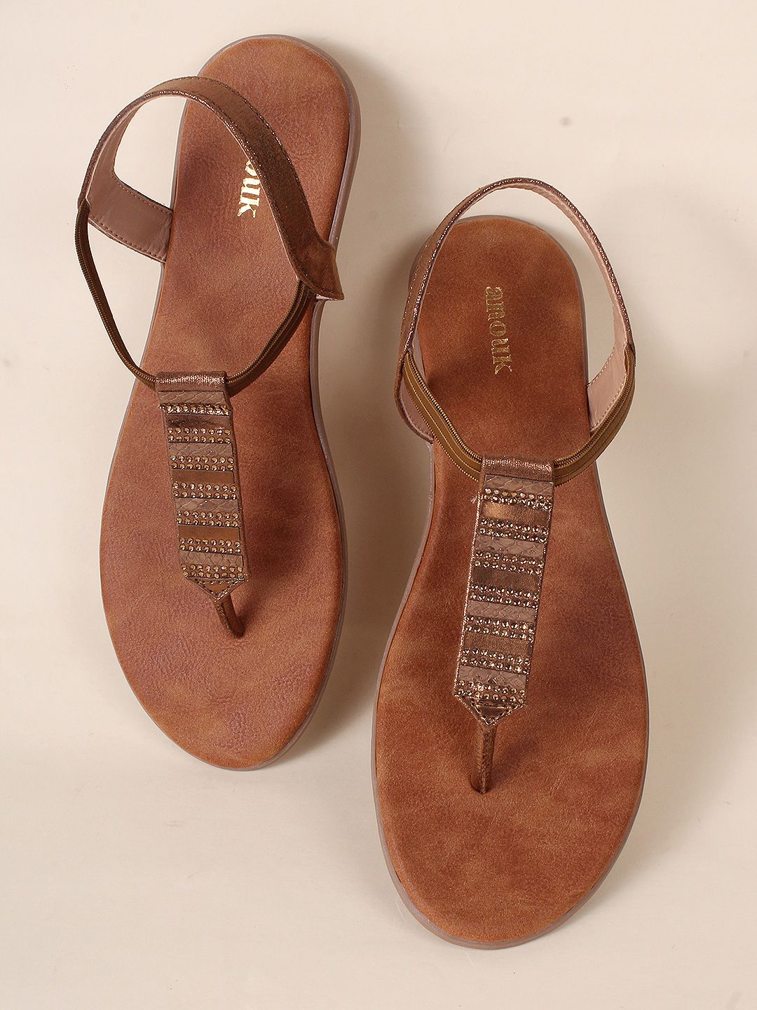 Anouk Tan Brown Embellished T-Strap Flats With Backstrap Price in India