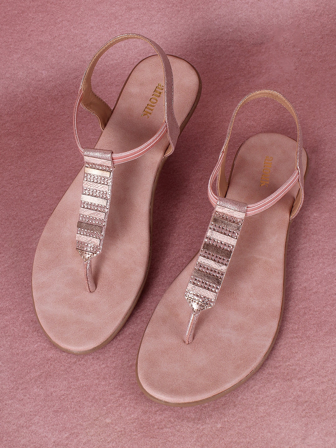 Anouk Nude-Coloured Embellished T-Strap Flats With Backstrap Price in India