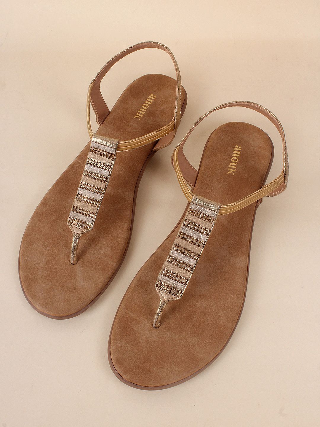 Anouk Beige Embellished T-Strap Flats With Backstrap Price in India